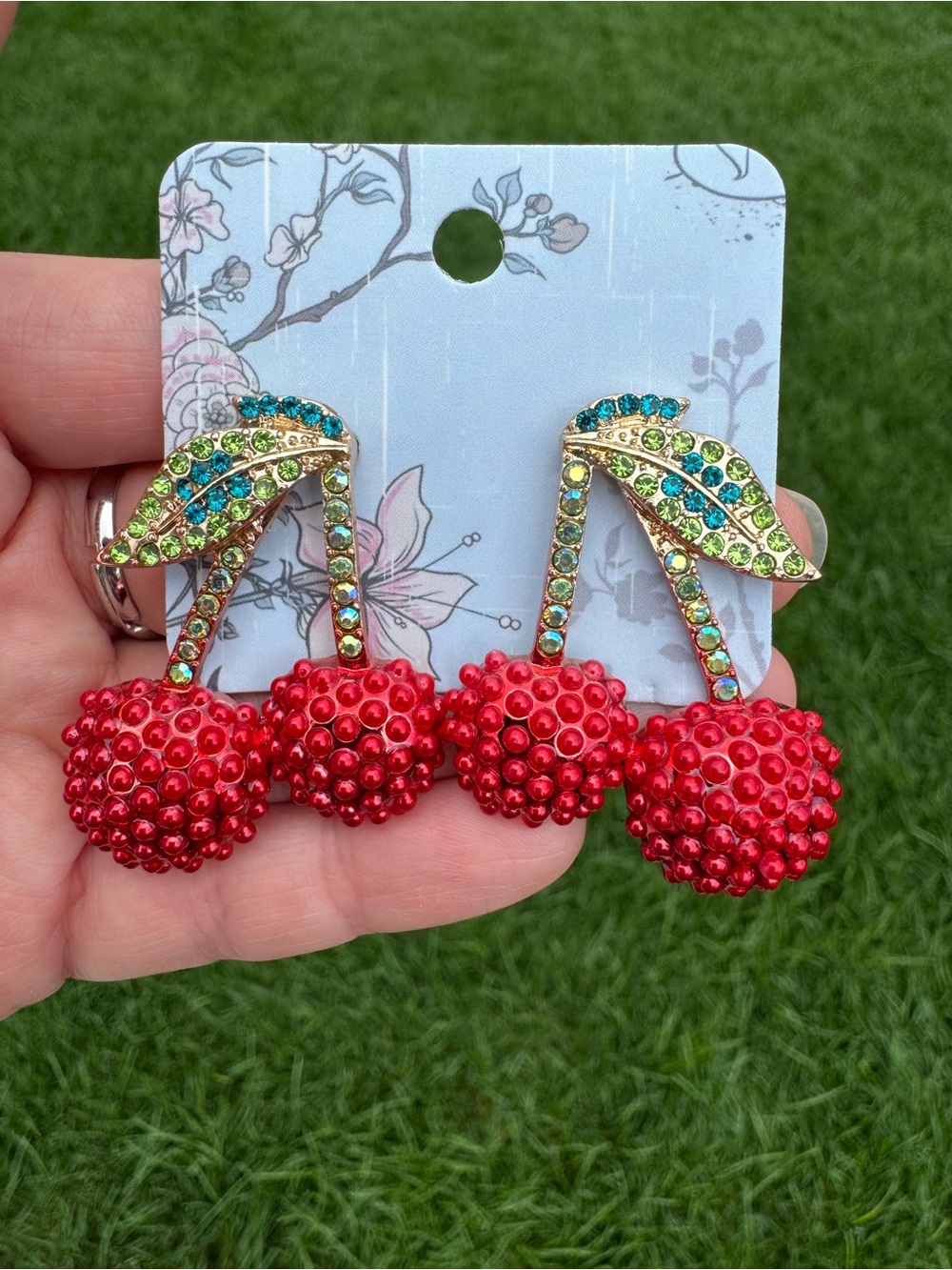 $12 or 3/$30! Red Crystal Cherry Dangle Earrings - Gold Tone